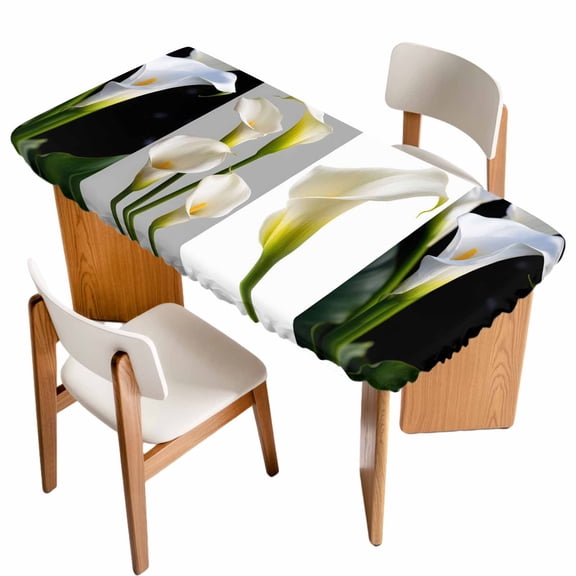 Spring Floral Table Cloths for 6 Foot Rectangle Tables, Watercolor Botanical Modern Art Patio Waterproof Elastic Fitted Tablecloths, Washable Rectangular Table Cover for Camping