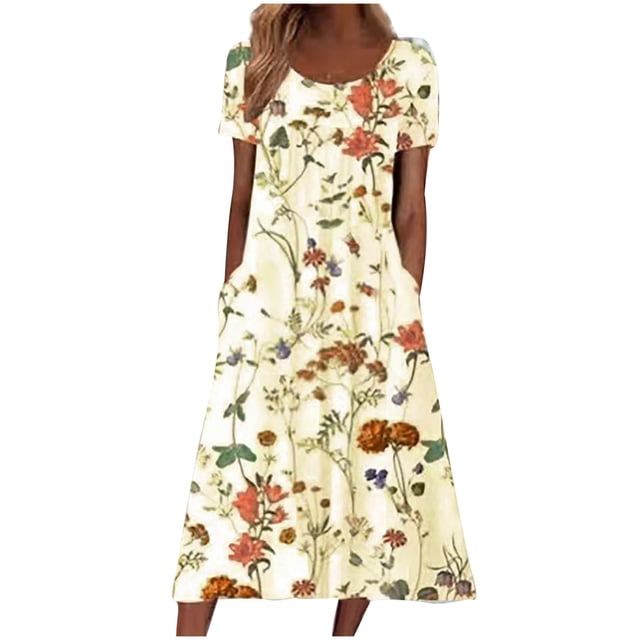 QIPOPIQ Robes pour Femmes avec Poches Manches Courtes Col Rond Robe à Imprimé Robe d'Été Offres 2023
