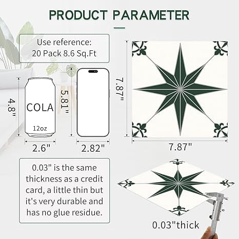 MORCART 7.87" x 7.87" Peel and Stick Floor Tile, 20 PCS Self-Adhesive DIY Vinyl Flooring for Renters, Removable and Waterproof Tile Sticker for Bathroom, Kitchen, Staircase (Green Stellar)