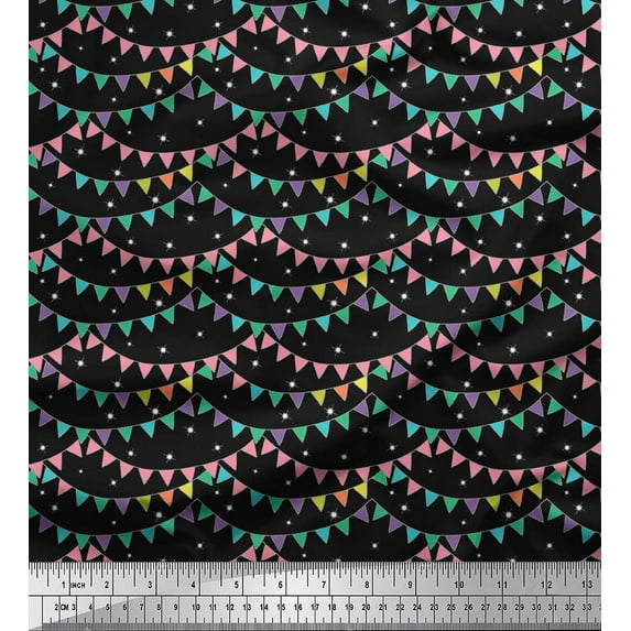 Soimoi Black Cotton Voile Fabric Celebration Flags Party Print Fabric by the Yard 56 Inch Wide