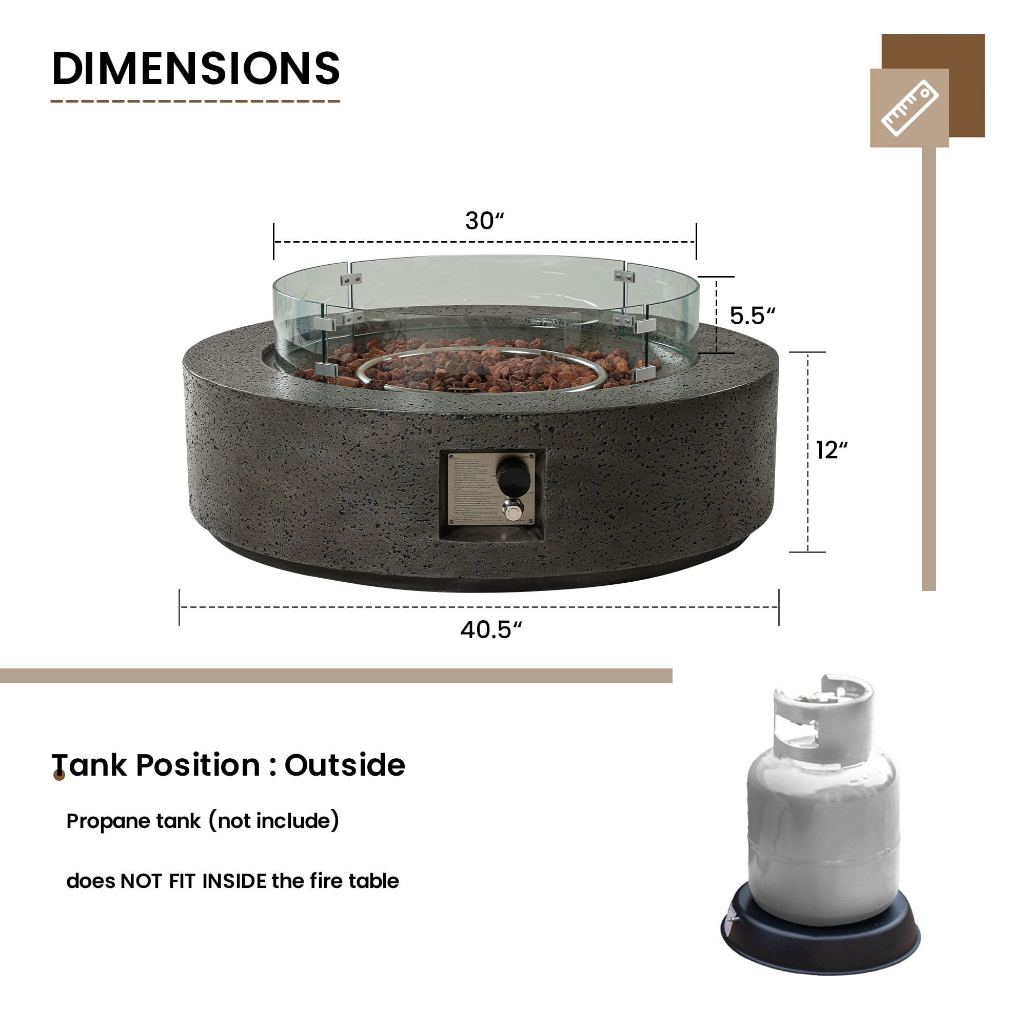 VENTOPYR 40.5" Outdoor Fire Pit Table 50,000 BTU with ​​Tempered Glass Wind Guard