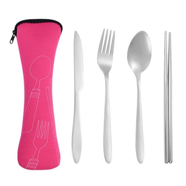 XmhyTop Vajilla de viaje portátil con estuche, juego de utensilios portátiles reutilizables de acero inoxidable con estuche, juego de cubiertos de viaje con estuche, color rosa