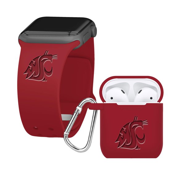 Affinity Bands Washington State Cougars Ensemble Combo en Silicone Gravé Compatible avec Apple Watch et AirPods Gen 1 & 2 (42/44/45mm Cramoisi)