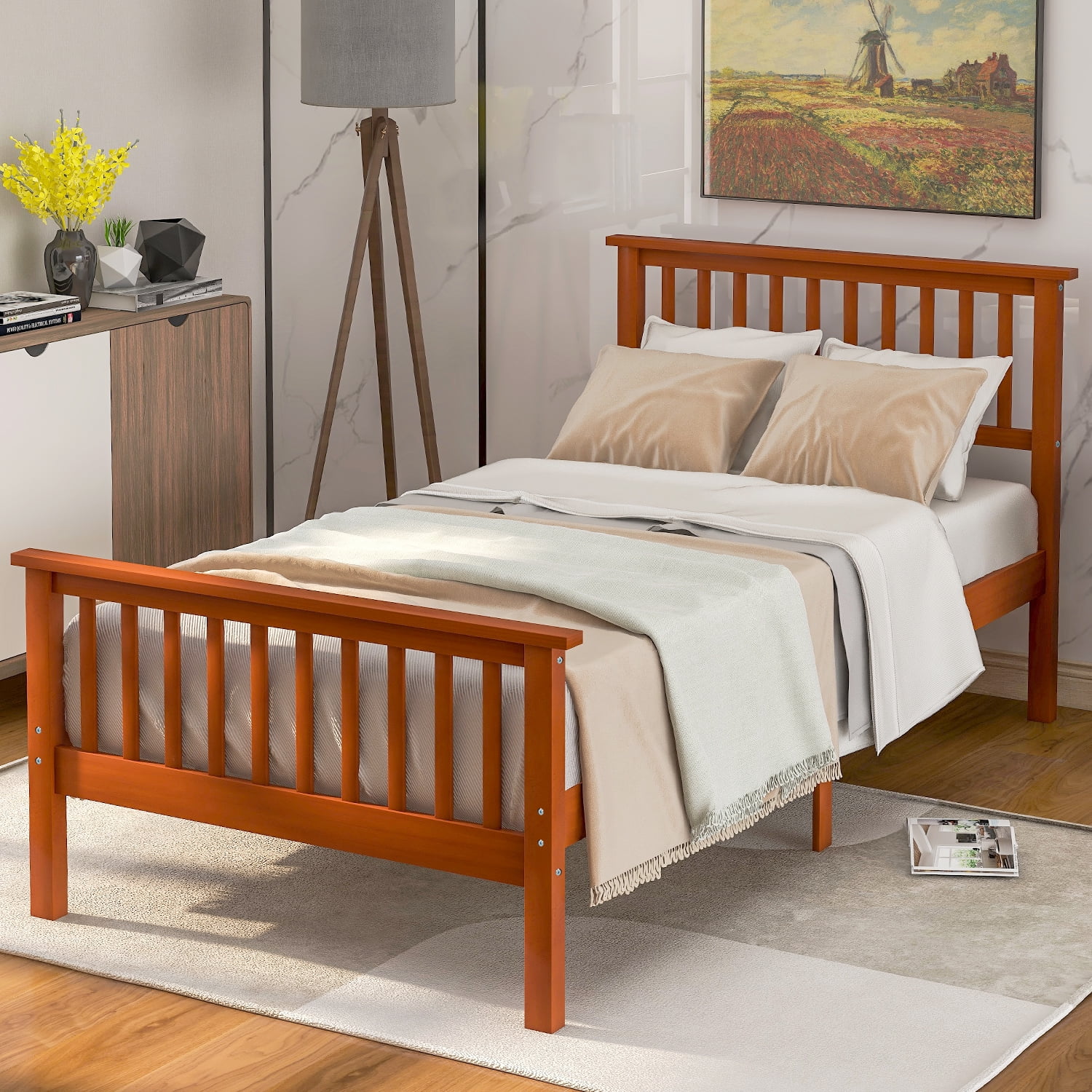 Clearance!Twin Platform Bed Frame, Oak Wood Bed Frame with Headboard