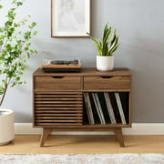 Modway Render Wood & Vinyl Record Display Stand with 2 Drawers in Walnut