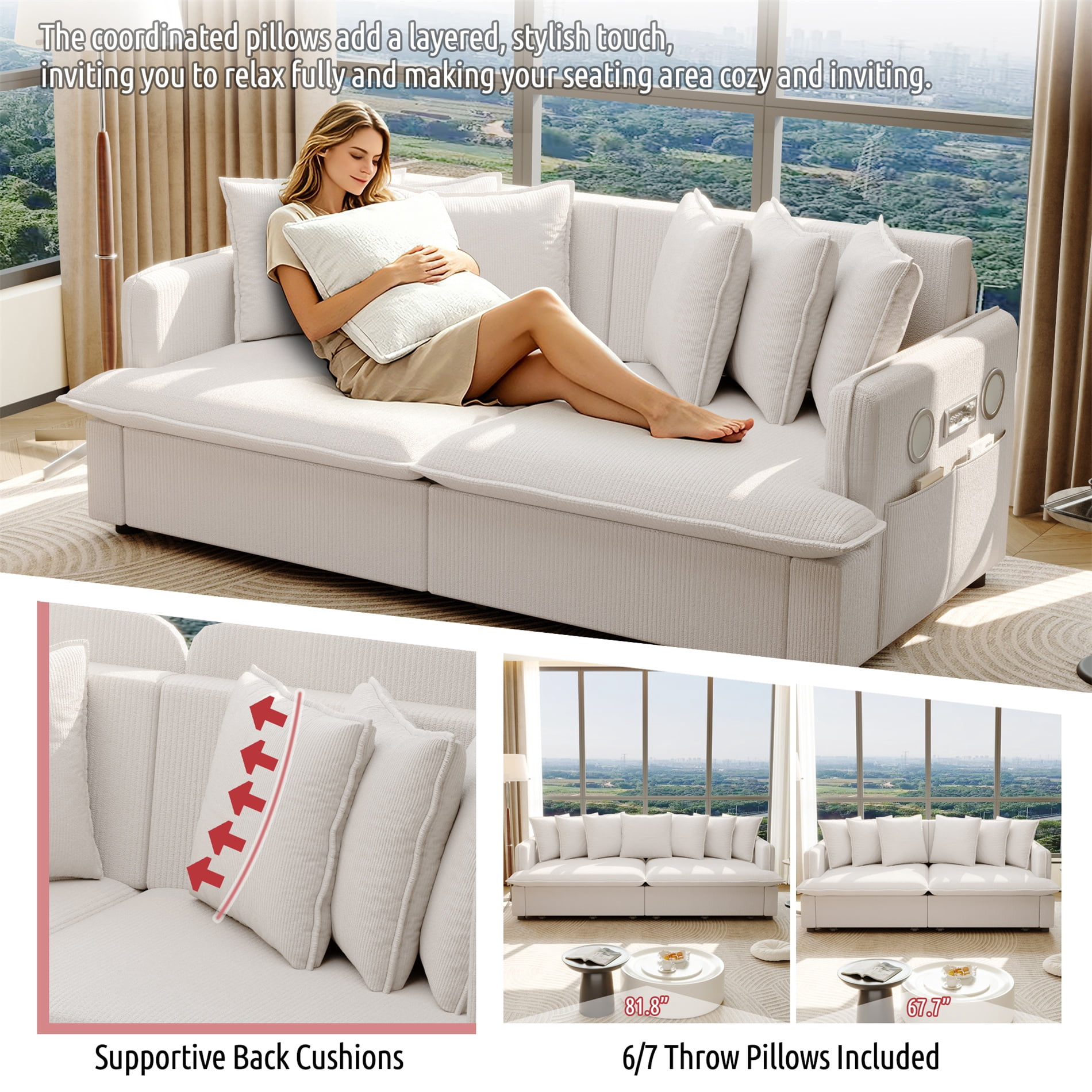 Alvantor 3 in 1 Convertible Sleeper Sofa Bed, 82" W Pull Out Sofa Bed with Bluetooth Speakers, USB Ports for living room, Apartment, Beige