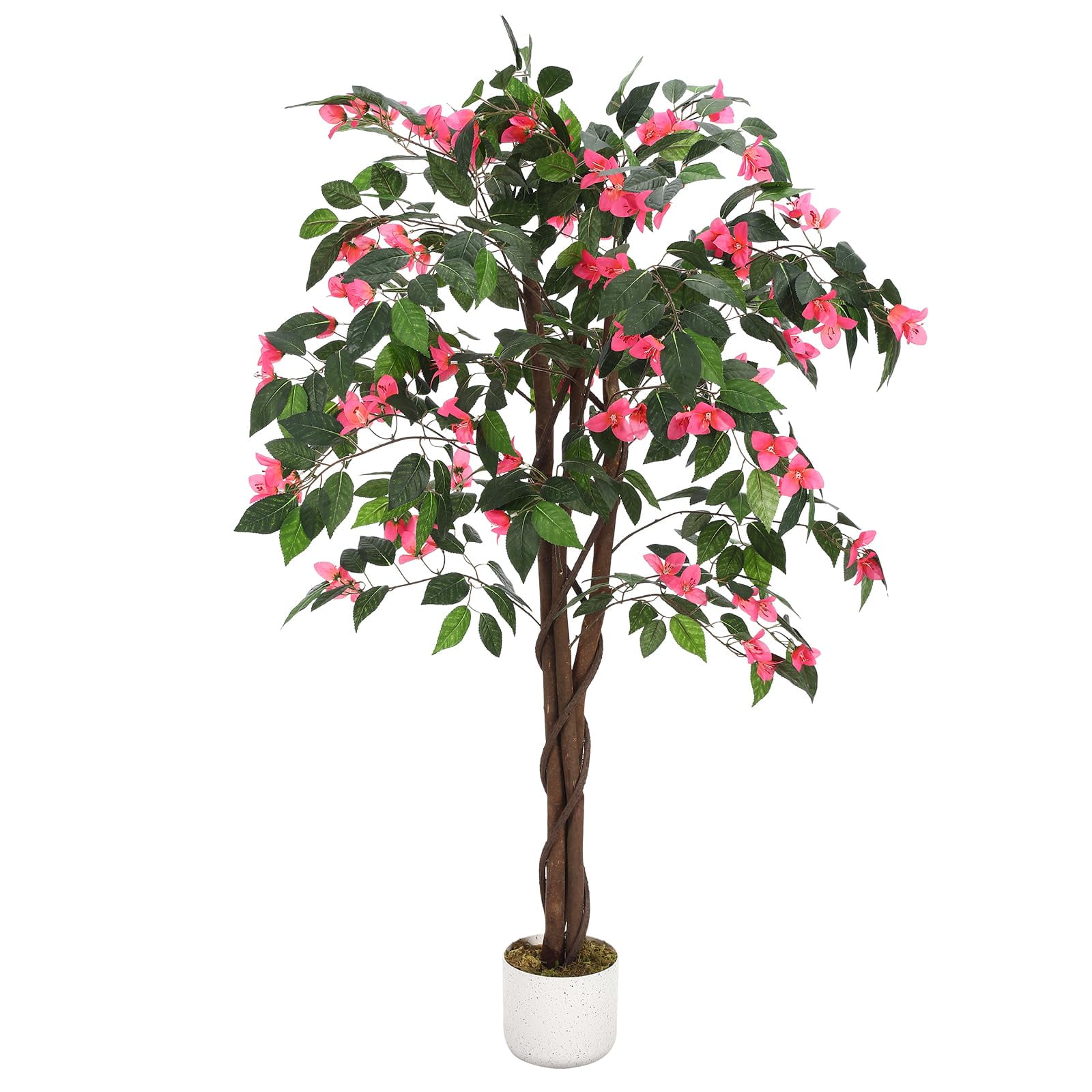 4ft Artificial Bougainvillea Tree with Pink Silk Flowers & Wood Trunk, Lifelike Faux Floor Plant for Indoor Outdoor Home Office Decor, UV Resistant Fake Tree with Planter