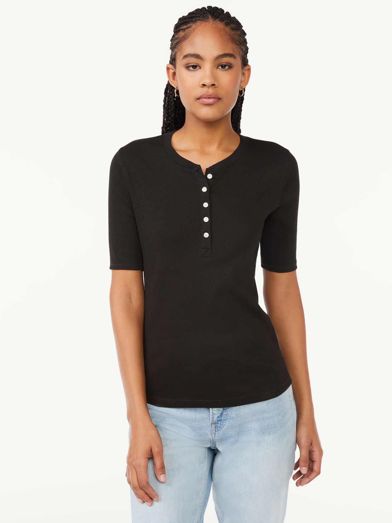 Free Assembly Women's Rib Henley Tee with Short Sleeves