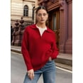 thumbnail image 6 of Womens Long Sleeve Quarter Zip Pullover Sweater Casual Loose V Neck Collared Ribbed Knit Jumper Tops Red M, 6 of 8