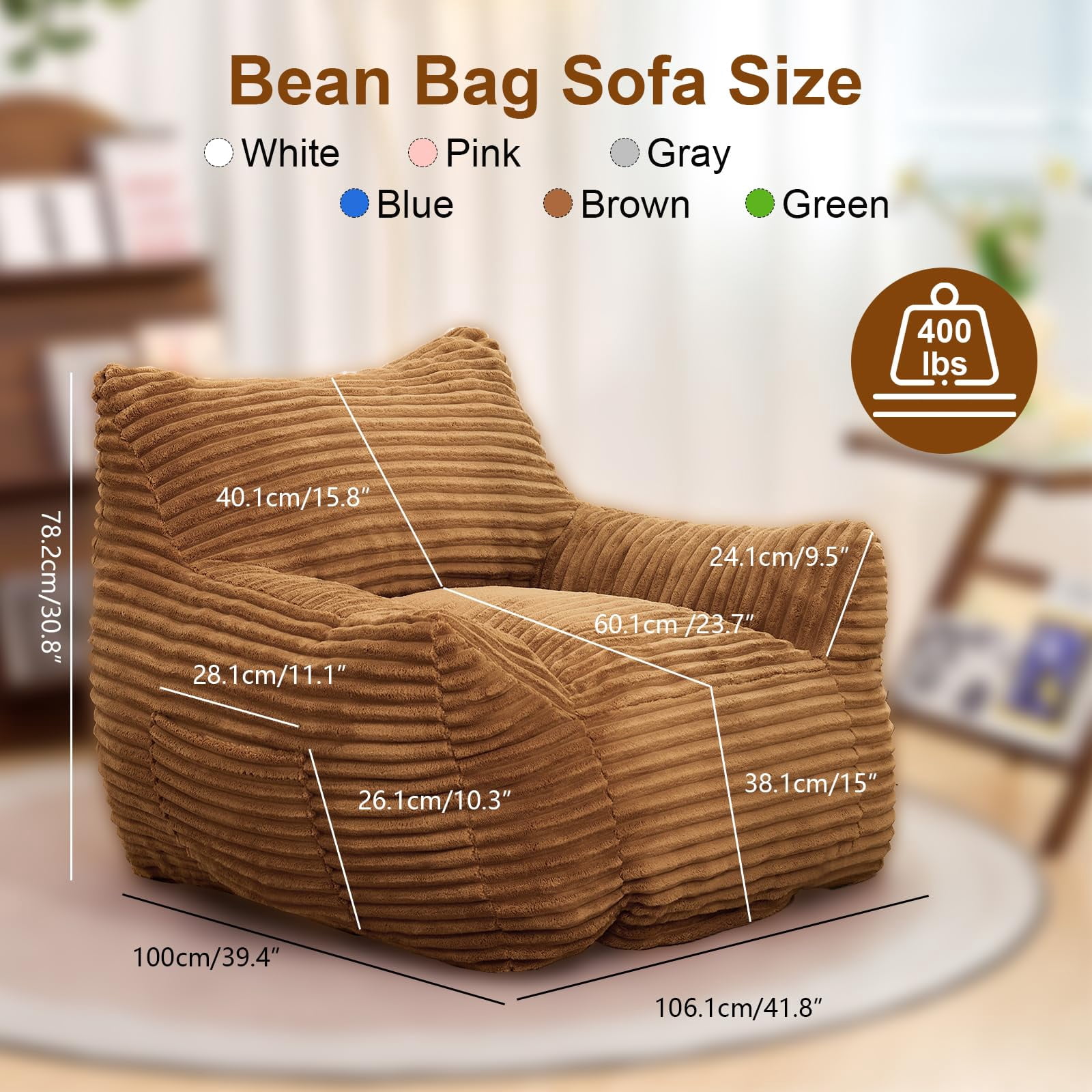 Peispie Giant Bean Bag Chair for Adults, Wide Seat Comfy Corduroy Floor Sofa with Armrests, Shredded Memory Foam Lazy Lounger, Oversized Gaming & Reading Chair for Bedroom 400LBS, Brown