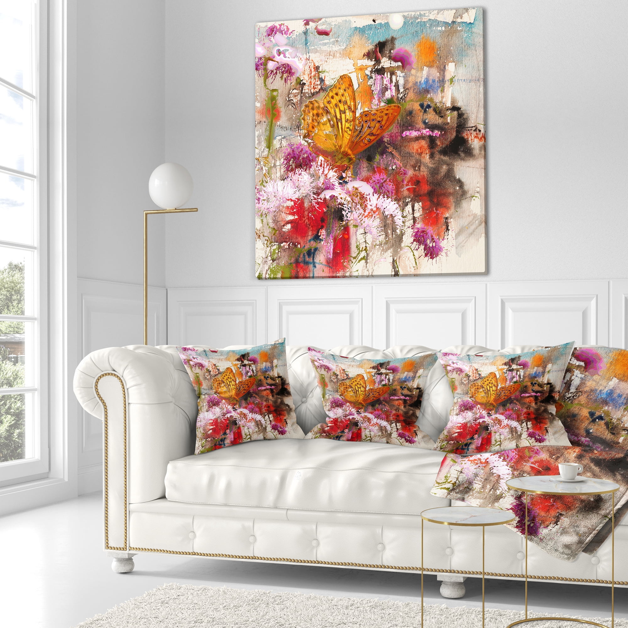 Designart Butterfly Drinking Honey - Floral Throw Pillow - 18x18