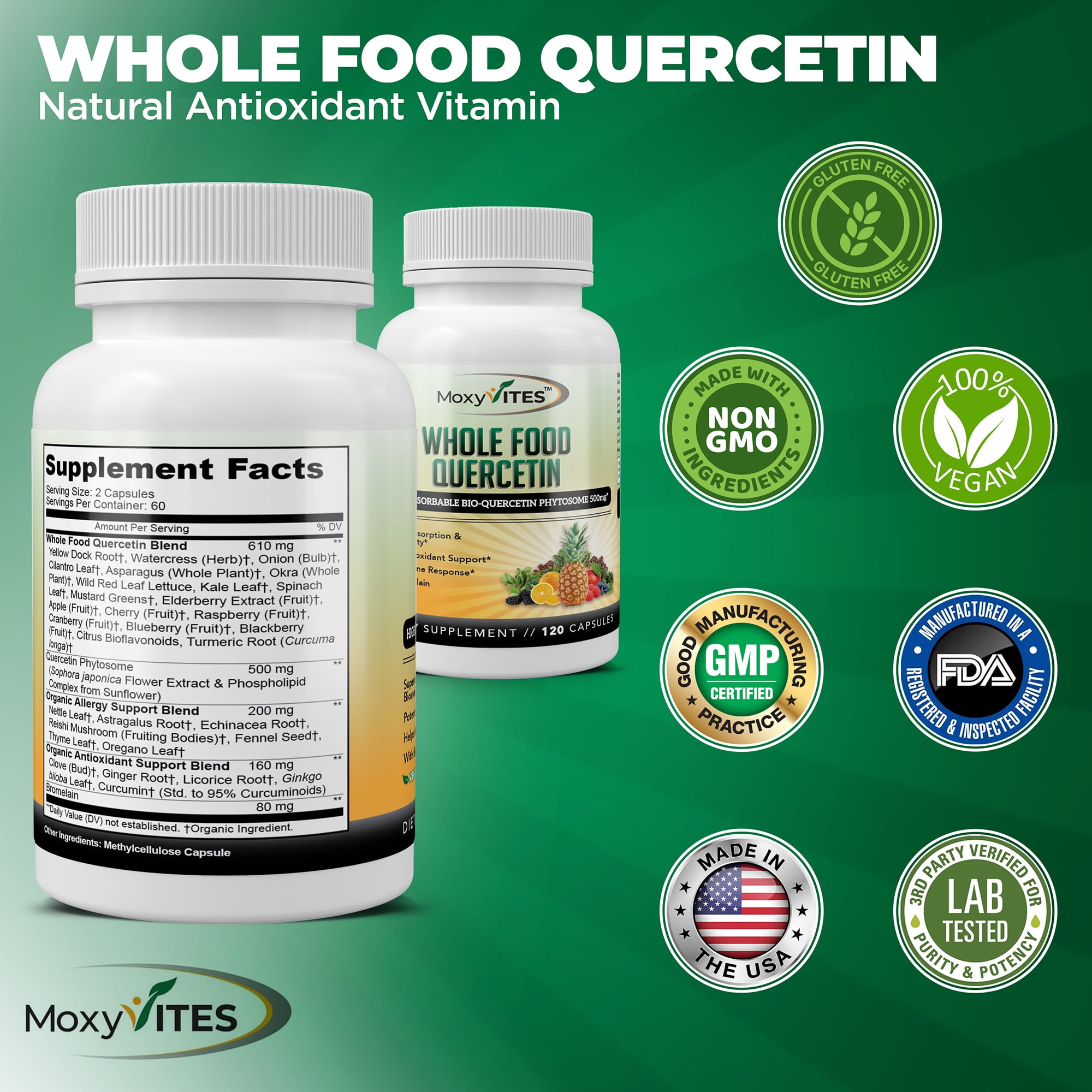 MoxyVites Quercetin with Bromelain 500mg, High Absorption, Phytosome Form, Vegan, 120 Capsules