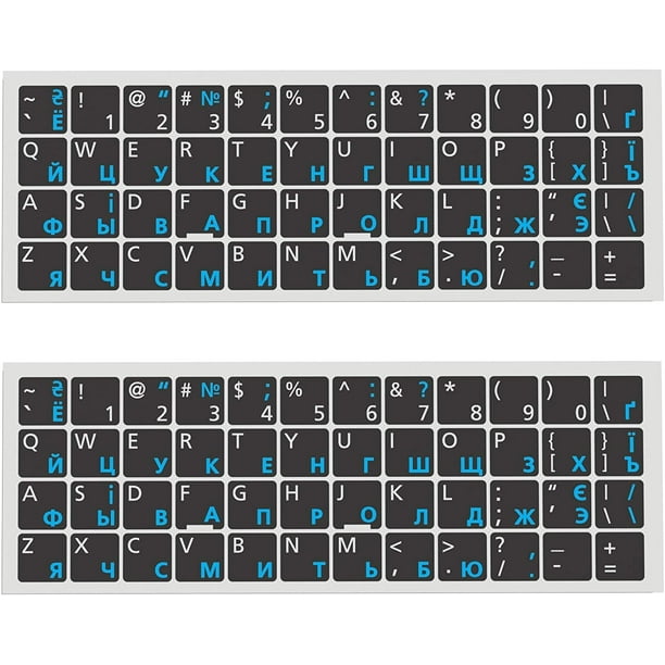 (2PCS Pack) Stickers Clavier Russe-Anglais, Clavier Autocollant de Remplacement Fond Noir avec Lettrage Bleu
