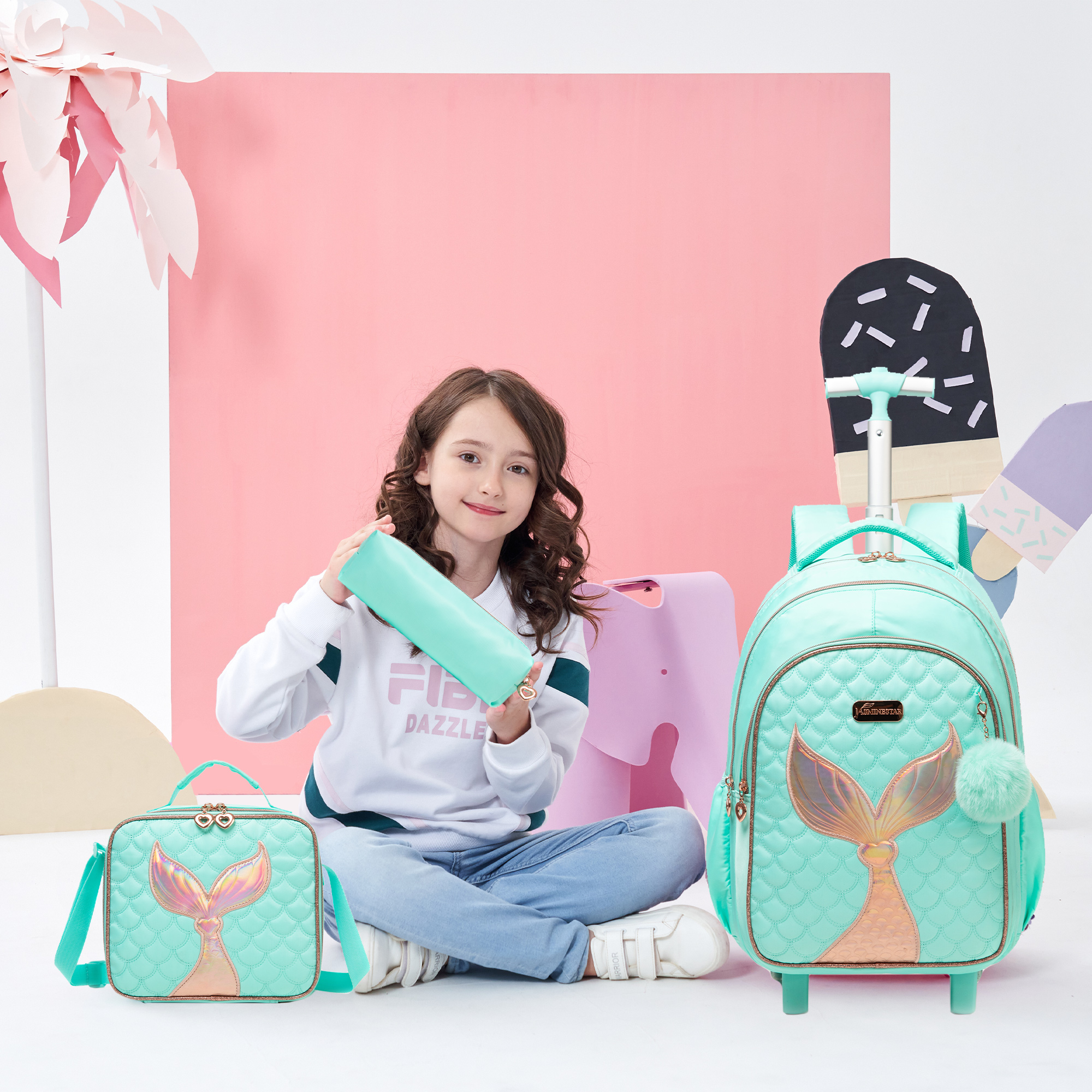 Mermaid Kids Rolling Backpack with Wheels for School Girls Bookbag with Lunch Box Pencil Case Luggage Ages 6-8 Green