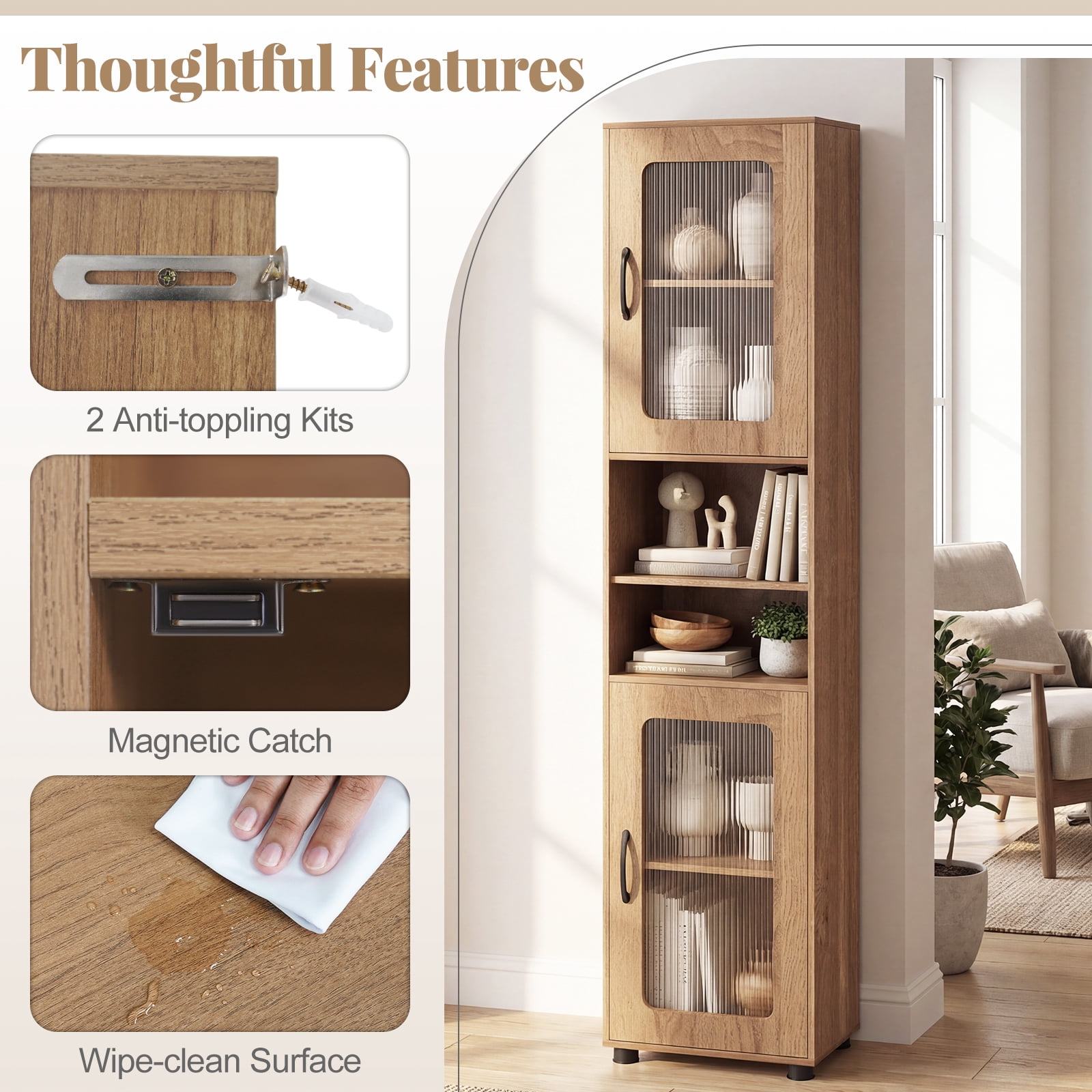 Giantex Tall Bathroom Storage Cabinet, Freestanding Storage Organizer w/Adjustable Shelf for Small Spaces, Natural