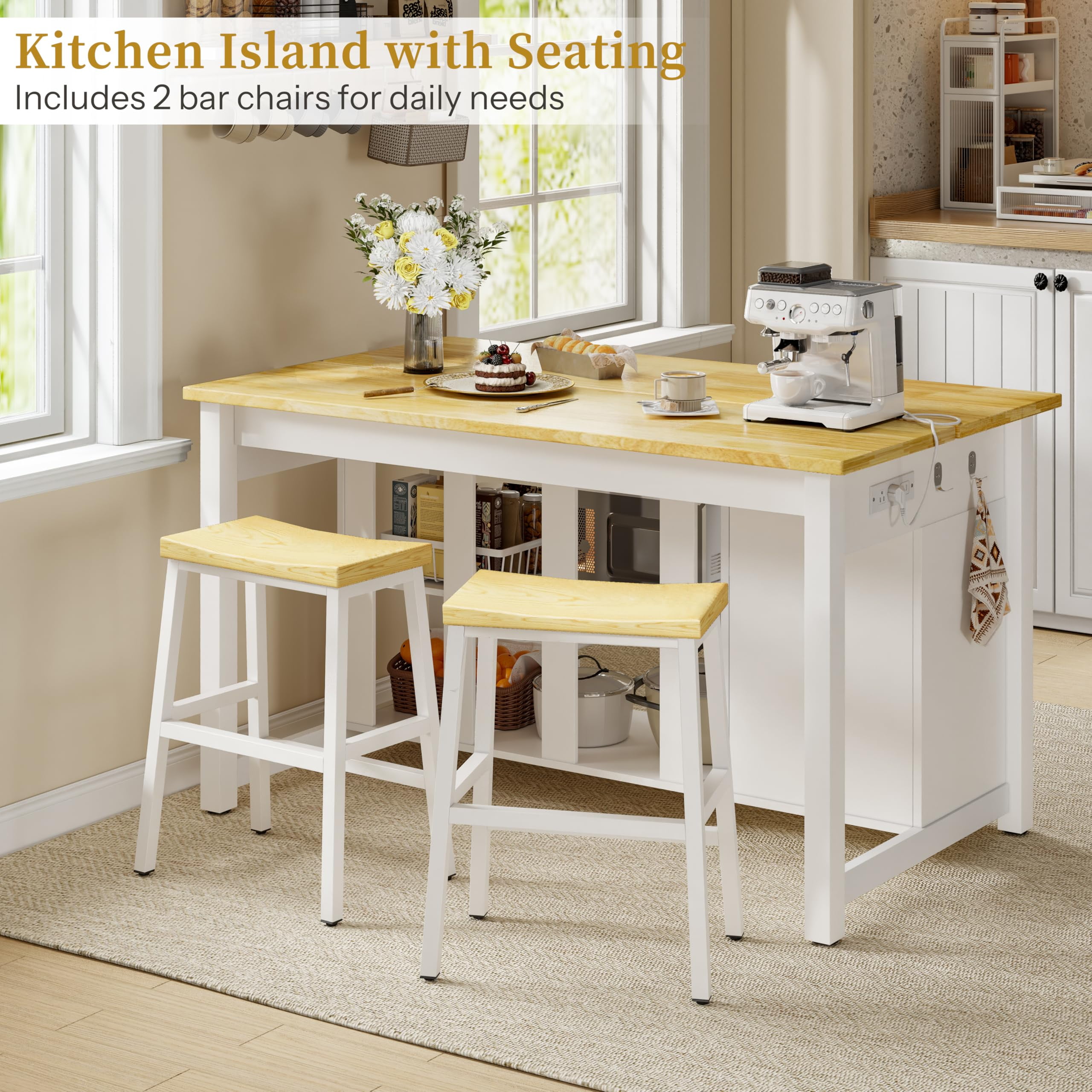 ChicZhiNest Kitchen Island with Seating Include 2 Stools, 47" Solid Rubberwood Dining Table with Power Outlet, 6 Hooks, Kitchen Bar Table Set with 2 Drawers & Open Shelves Storage Cabinet, White