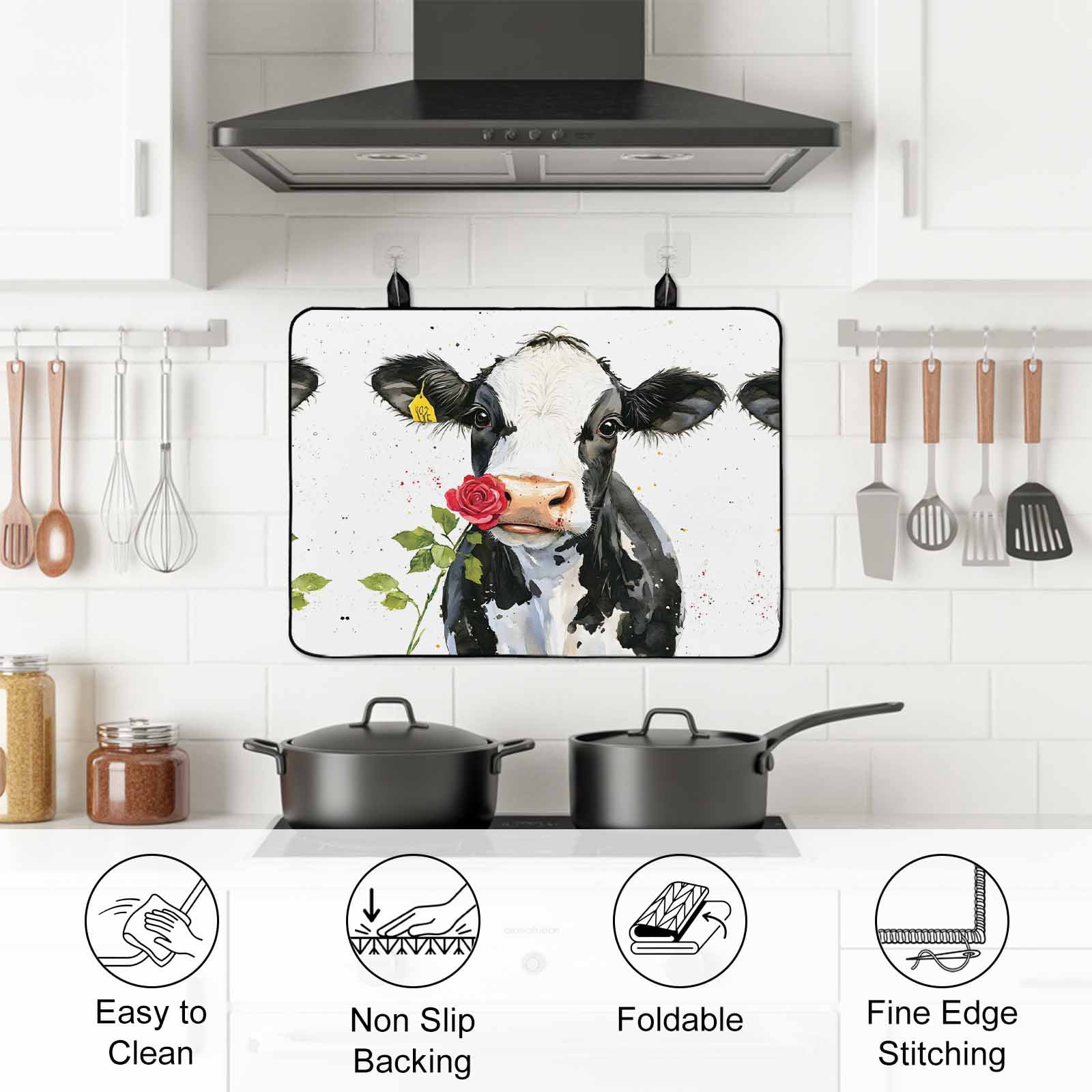 Black White Cow Stove Top Cover for Electric Stove, Heat-proof & Non Slip Glass Top Stove Cover Protector, Spring Farmhouse Animals Printed Red Floral Kitchen Flat Cooktop Rubber Mat 24x21 Inches