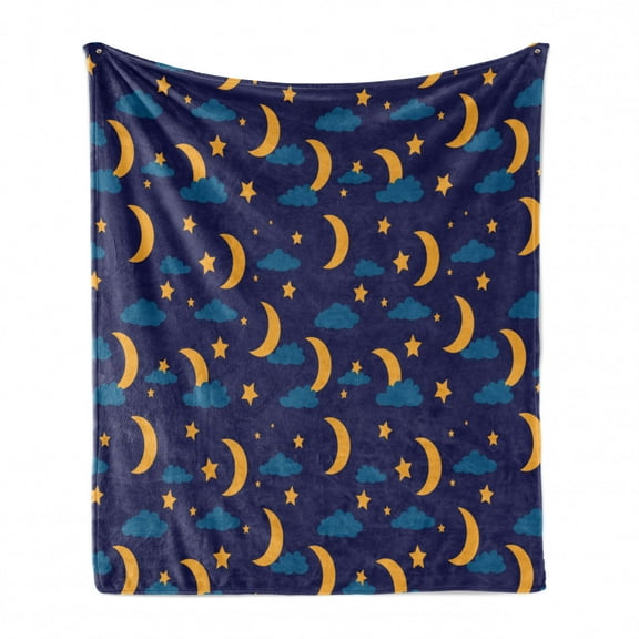 Night Soft Flannel Fleece Throw Blanket, Bedtime Crescent Moon Sky Stars Sleep Dream Nursery Theme Repetition, Cozy Plush for Indoor and Outdoor Use, 50" x 70", Pale Orange and Indigo, by Ambesonne