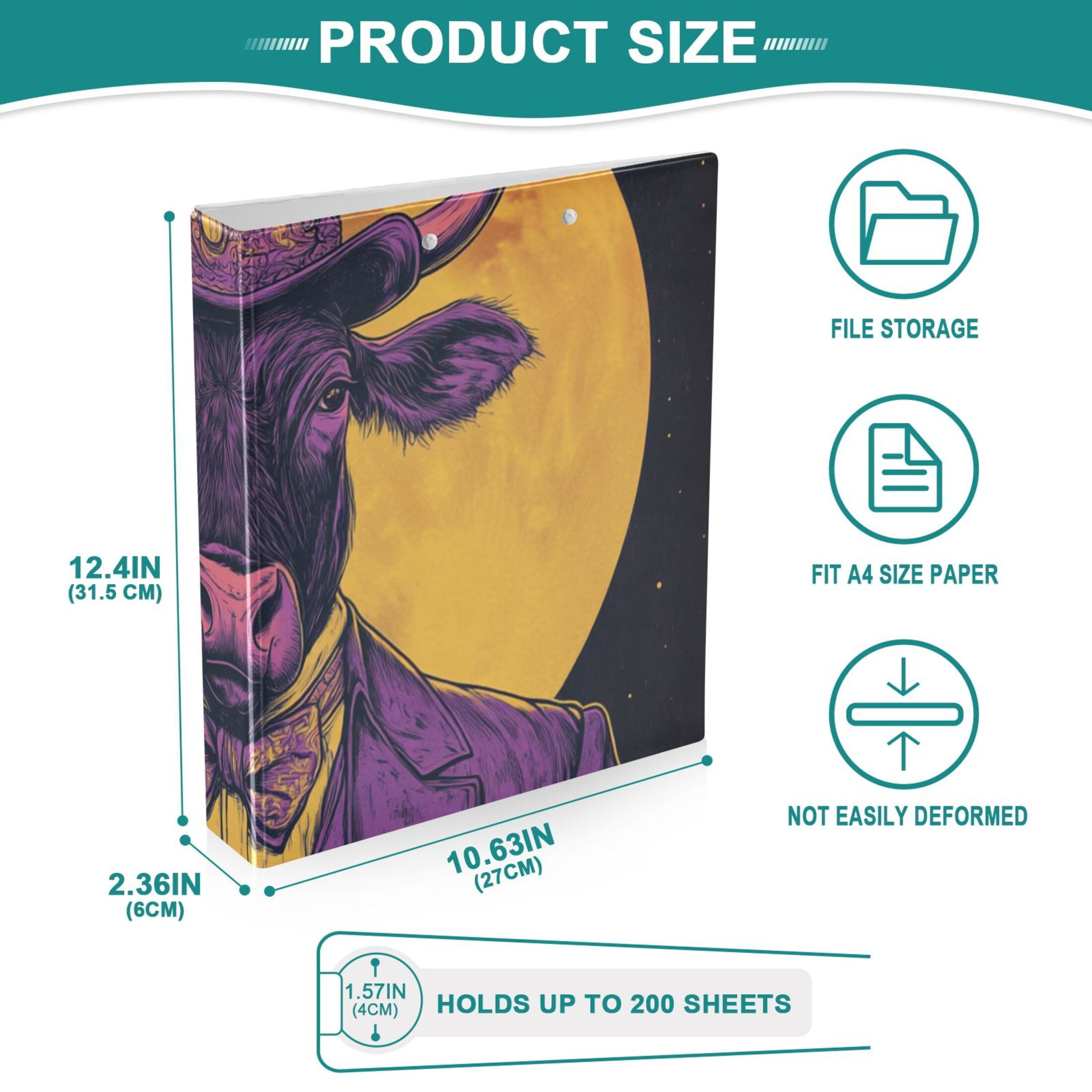 Cow Gentleman 3 Ring Binders 1.5 inch Hardcover File Folders with Interior Pockets A4 Size Organizer for School Office Hospital