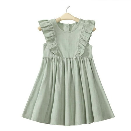 

WOLLED 3-6T Kids Girls Ruffle Sleeveless Dresses Summer Toddler Girls Cotton Linen Dress Kids Casual Dresses