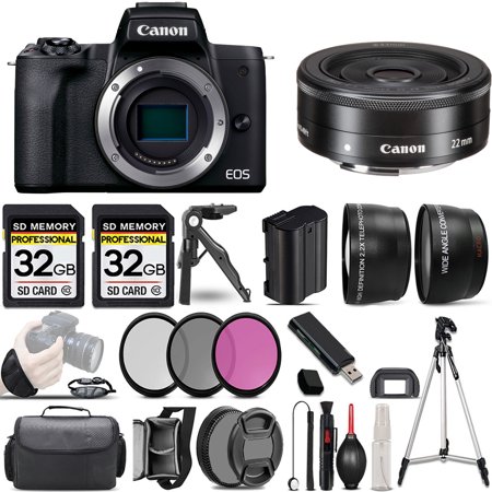 Canon EOS M50 Mark II Mirrorless Camera (Black) +22mm f/2 STM Lens +3 PC Filter +64GB