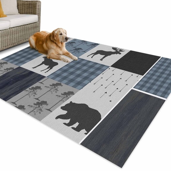 Outdoor Rug 6x9 ft Country Forest Bear Moose Waterproof Outdoor Patio Rug Mat Non Slip Outside Area Rugs Carpet for RV,Camping,Porch,Deck,Pool,Balconybackyard,Rustic Farmhouse Blue Black Plaid