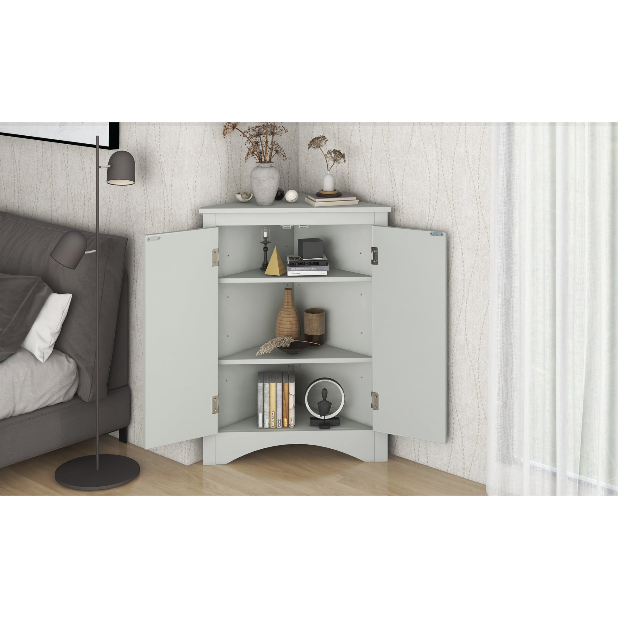 Corner Cabinet Storage Wooden Triangle Bathroom Storage Cabinet with Adjustable Shelves and Two Doors for Kitchen, Living Room and Hall Grey