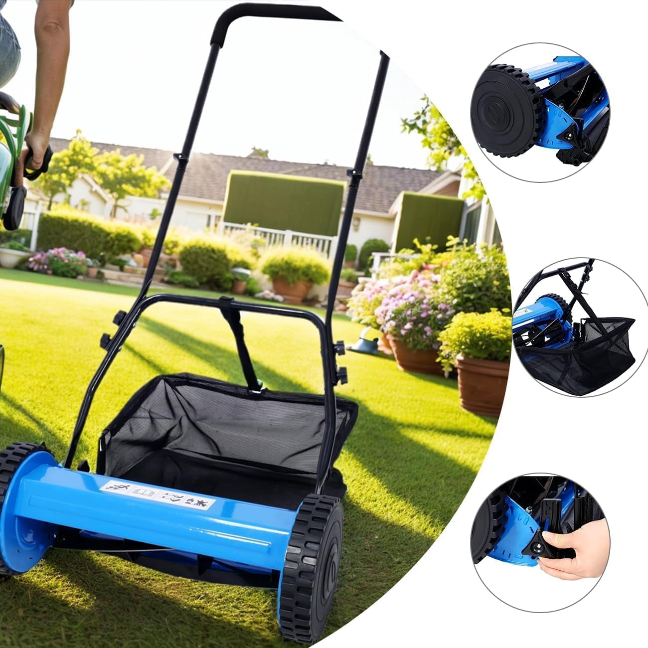 Elleree 14-Inch Push Reel Lawn Mower, 5-Blade Manual Lawn Mower with Grass Catcher for Courtyards Yard & Garden Grass Cutting