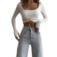 thumbnail image 1 of Txlixc Blusa de mujer, cuello cuadrado, manga larga, camiseta hueca retorcida de color sólido Txlixc moda, 1 of 5