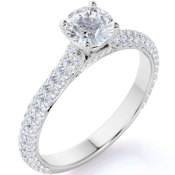 JeenMata Anillo de Compromiso de Moissanita de Fuego de Corte Redondo de 1,75 Quilates - Anillo de Compromiso Clásico - Anillo de Racimo - Oro Blanco de 18 K sobre Plata