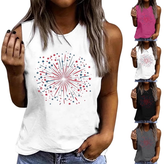 Lydpxz Women's 4th of July Tank Tops Plus Size Patriotic American Flag Print Tees Loose Fit Sleeveless T Shirts Camisole Flowy Crewneck Tanks