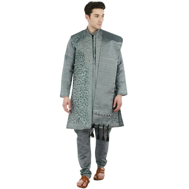 SKAVIJ Kurta Pajama Jacket Scarf 4 Piece Set Embroidered Wedding