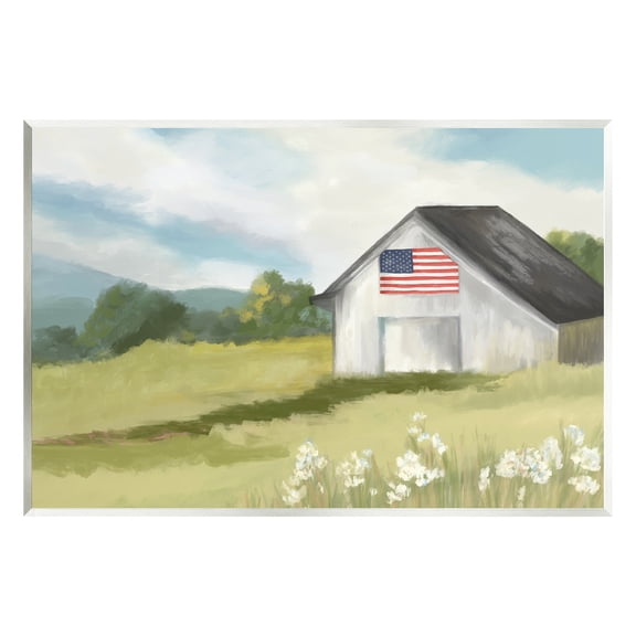 Stupell Industries American Flag on Barn Nature Painting Unframed Art Print Wall Art, 19 x 13