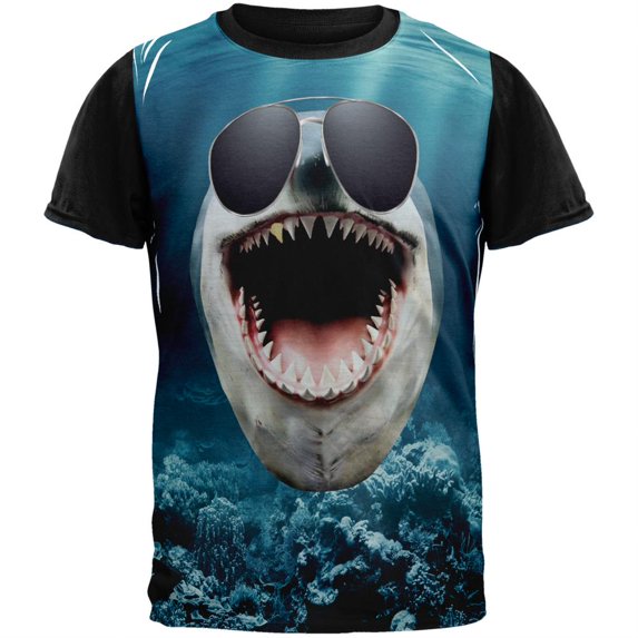 Shark In Sunglasses Adult Black Back T-Shirt