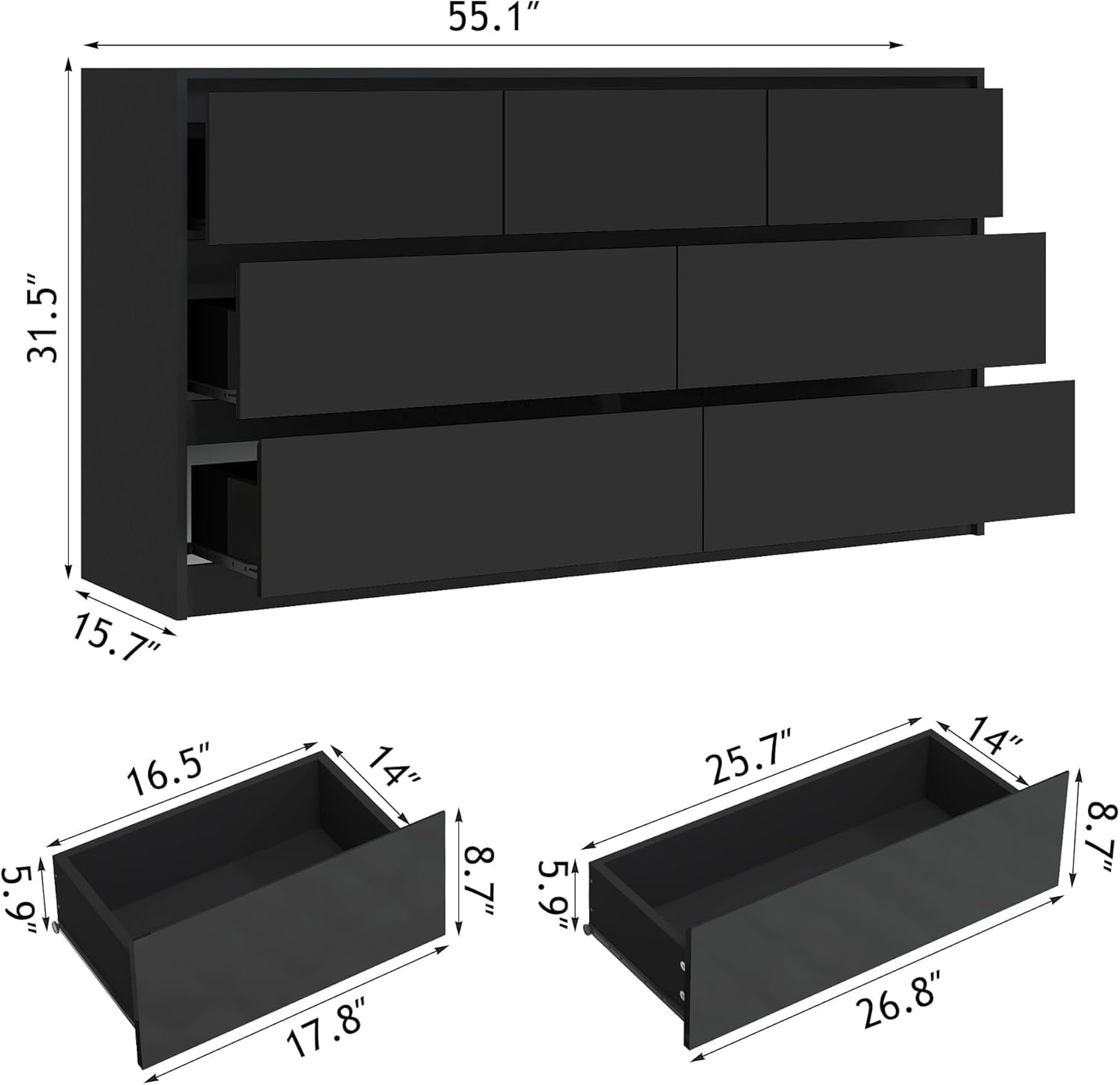 ChVans 7 Drawer Dresser for Bedroom, 55" Modern High Gloss Black Dresser with Wood Chest of Drawer Handle Free, Long Dresser for Bedroom, Living Room, Entryway, Hallway