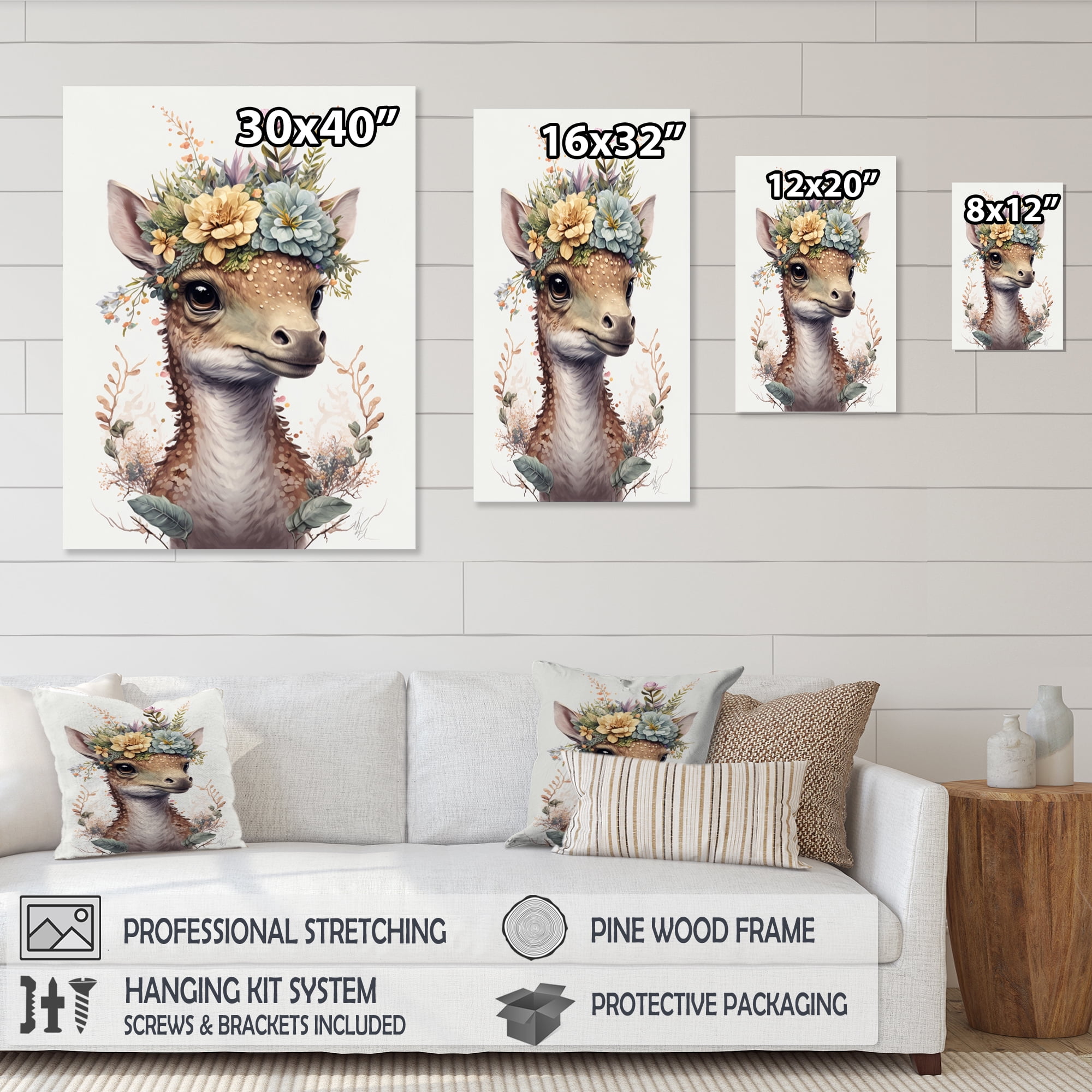 Designart Cute Baby Dinosaur With Floral Crown Canvas Wall Art