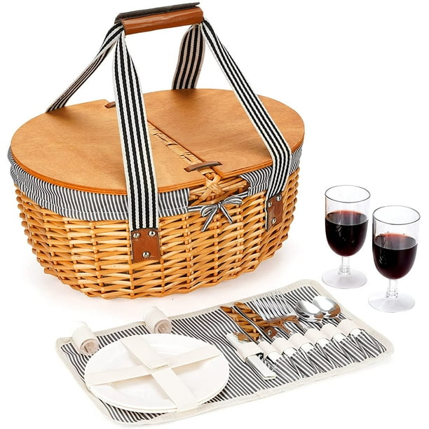 Wicker Picnic Basket Set for 2 with Double Wooden Lids & Handles