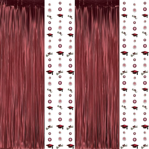 Cheerland Graduation Decoration Tinsel Foil Fringe Backdrop, Red Graduation Cap Garland Kit
