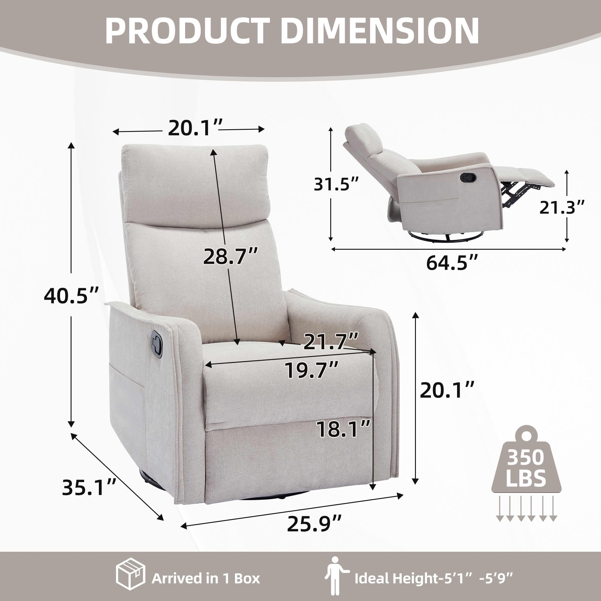 MAYEERTY 360° Swivel Rocker 155° Recline Chenille Heat Massage Recliner Chair for Living, Light Grey