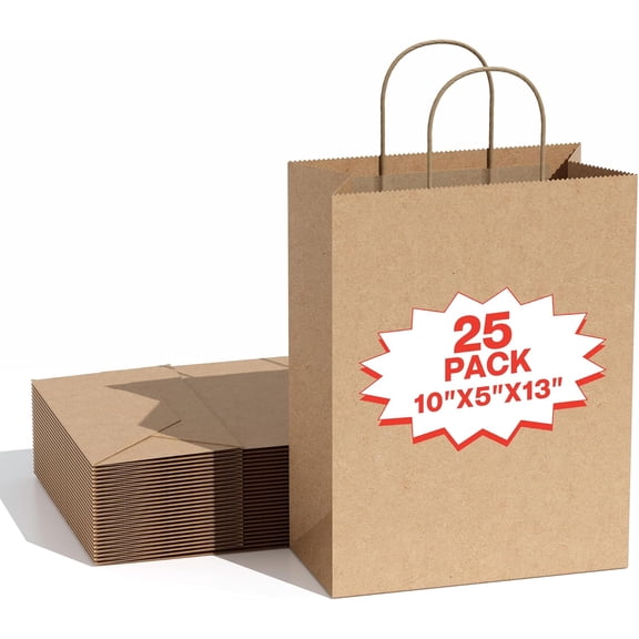 Simple Deluxe 25-Pack 10x5x13 Inch Recycled Kraft Paper Bags with Handles - Natural Brown Gift Bags for Retail, Grocery, Party Favors & Merchandise, Heavy-Duty for Bulky Items