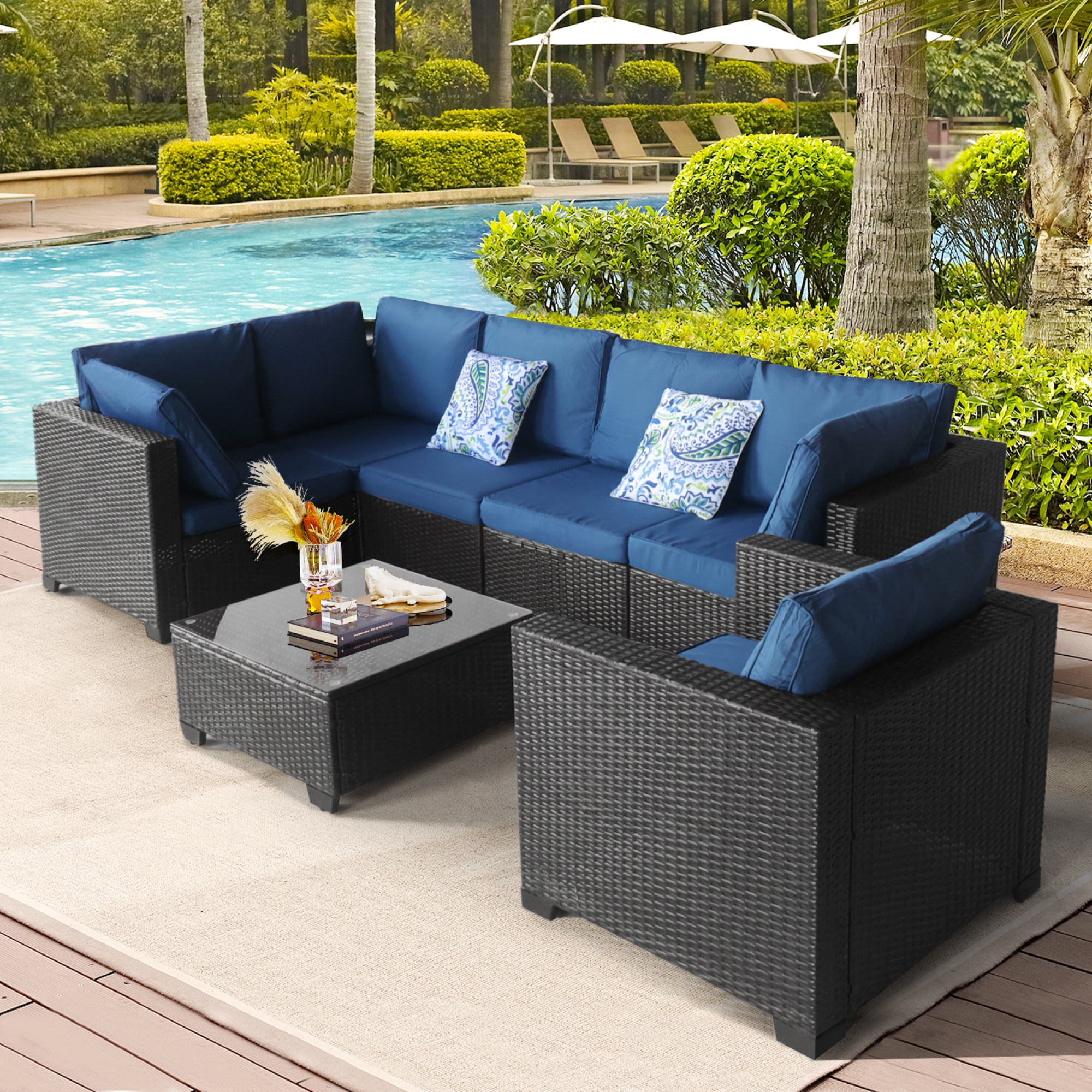 7 Piece Outdoor Patio Conversation Set,Rattan Sectional Sofa Set for Outdoor Indoor Backyard Lawn Garden Porch Poolside (Dark Blue)