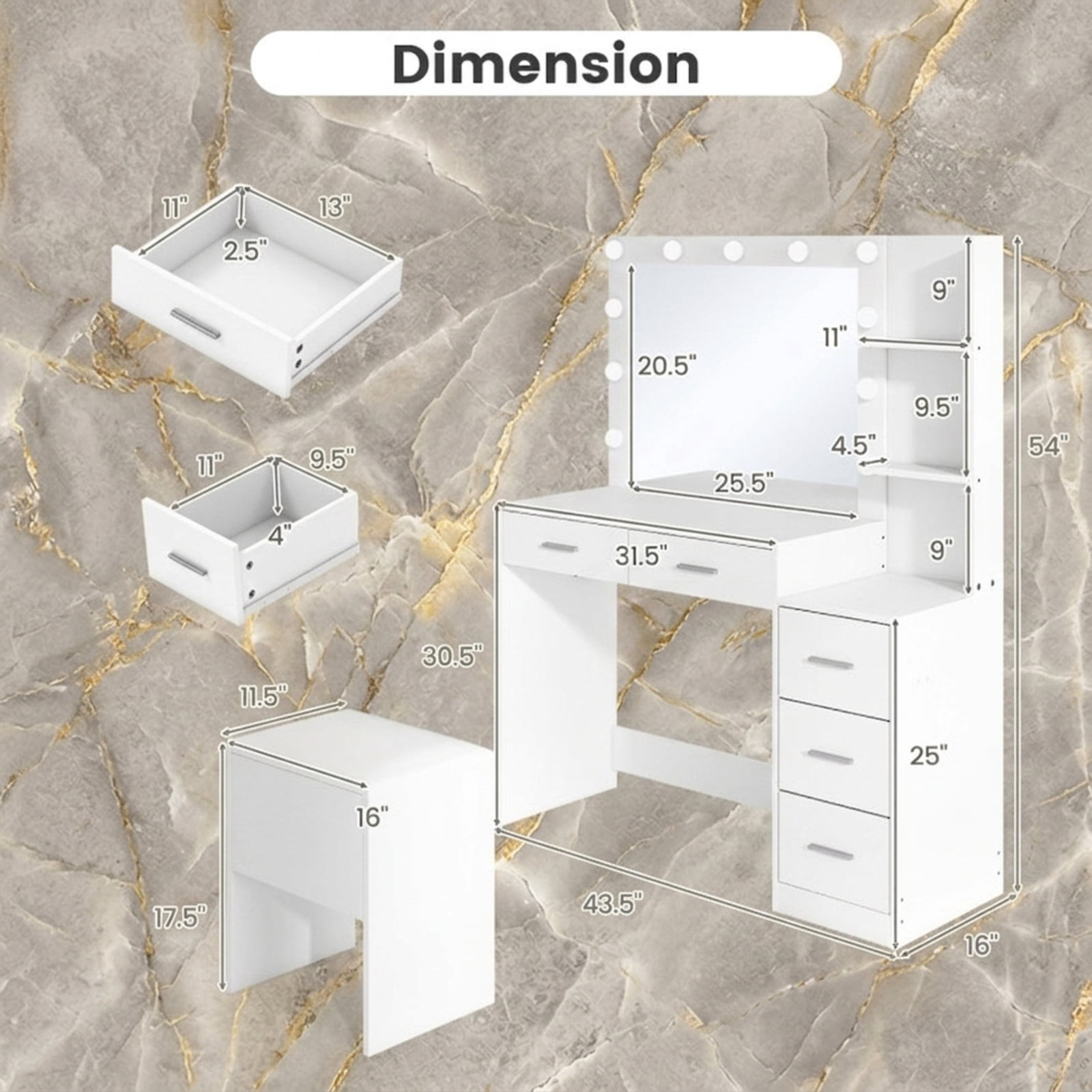 Furnibear Makeup Table and Stool Set with Hair Dryer Stand for Bedroom Makeup Dressing Room Vanity Desk Mirror Set, White