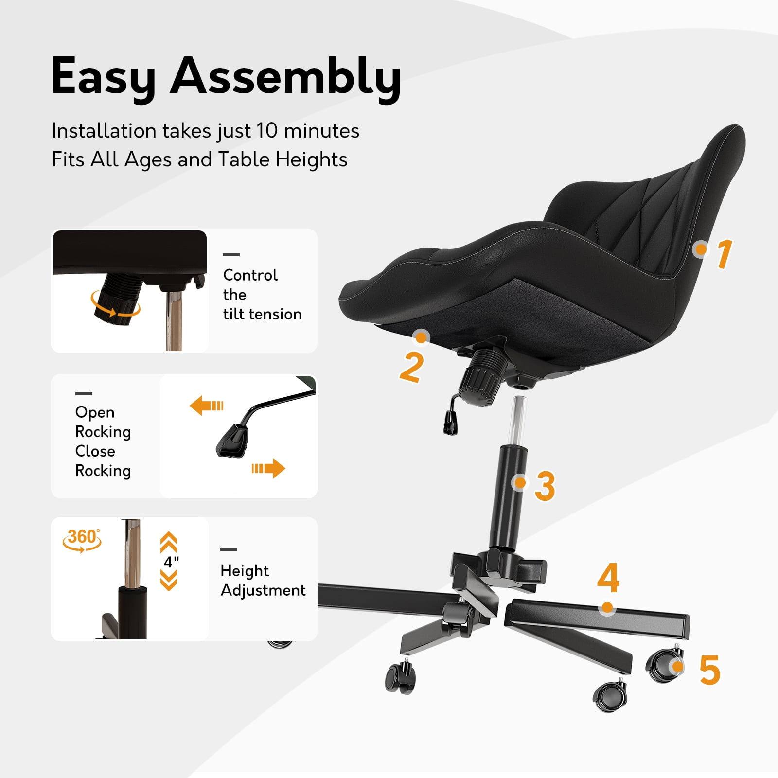 Ninecer Adjustable Armless Office Chair, Leather Desk Chair with Wheels, Office Chair for Home Office, Computer Rolling Chair for Adults, Comfy Task Chair, Black