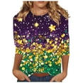 thumbnail image 2 of AGWOLF Mardi Gras Shirts for Women Carnival Party Outfits Round Neck 3/4 Sleeve Cute Shirt Glitter Graphic T-Shirts Festival Tops, 2 of 5