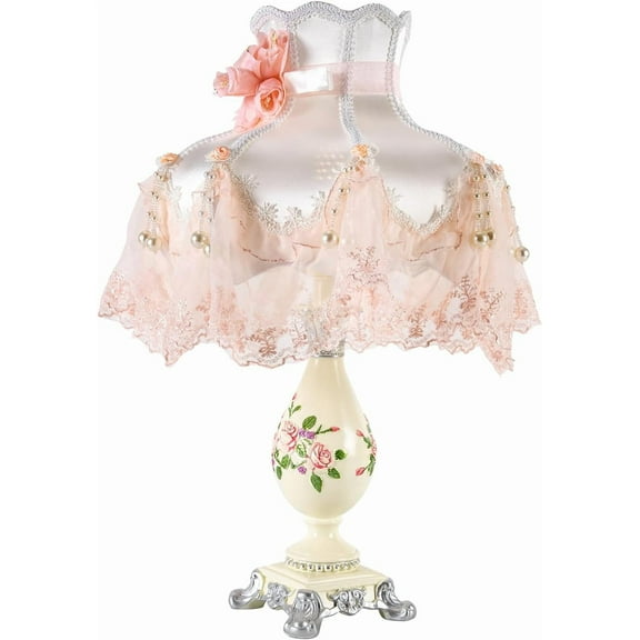 Vintage Floral Table Lamp,Flower Night Light,Fabric Lampshade Decorated with Pink Flower and Artificial Pearl, for Home Room Decor