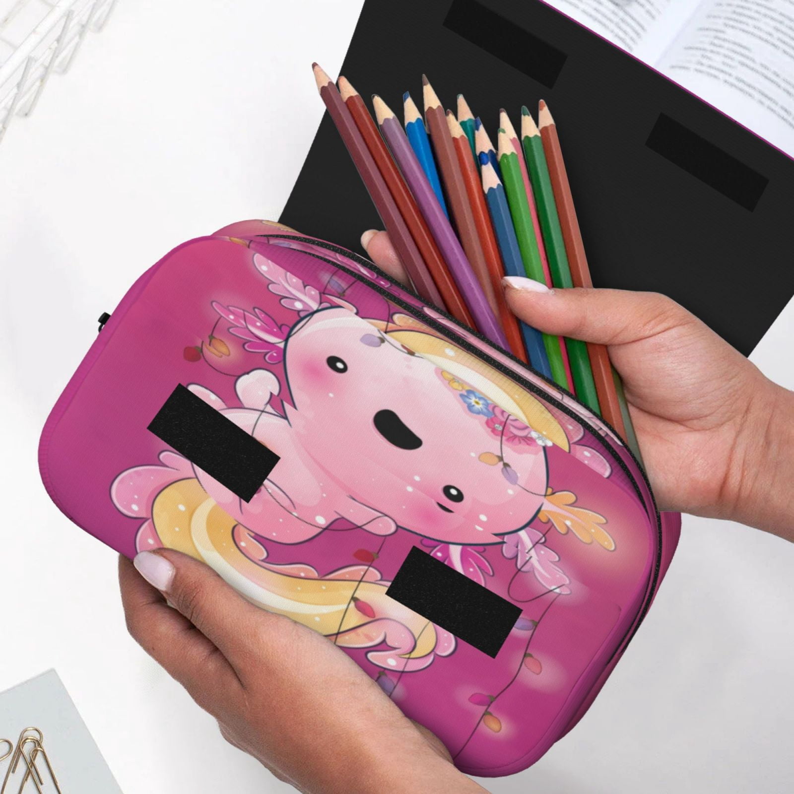 Rateoe Cute Pink Axolotl A Pattern Double Clamshell Pen Case, Storage Organizer with Two Zipper Compartments– Holds Up to 50 Pencils & Pens