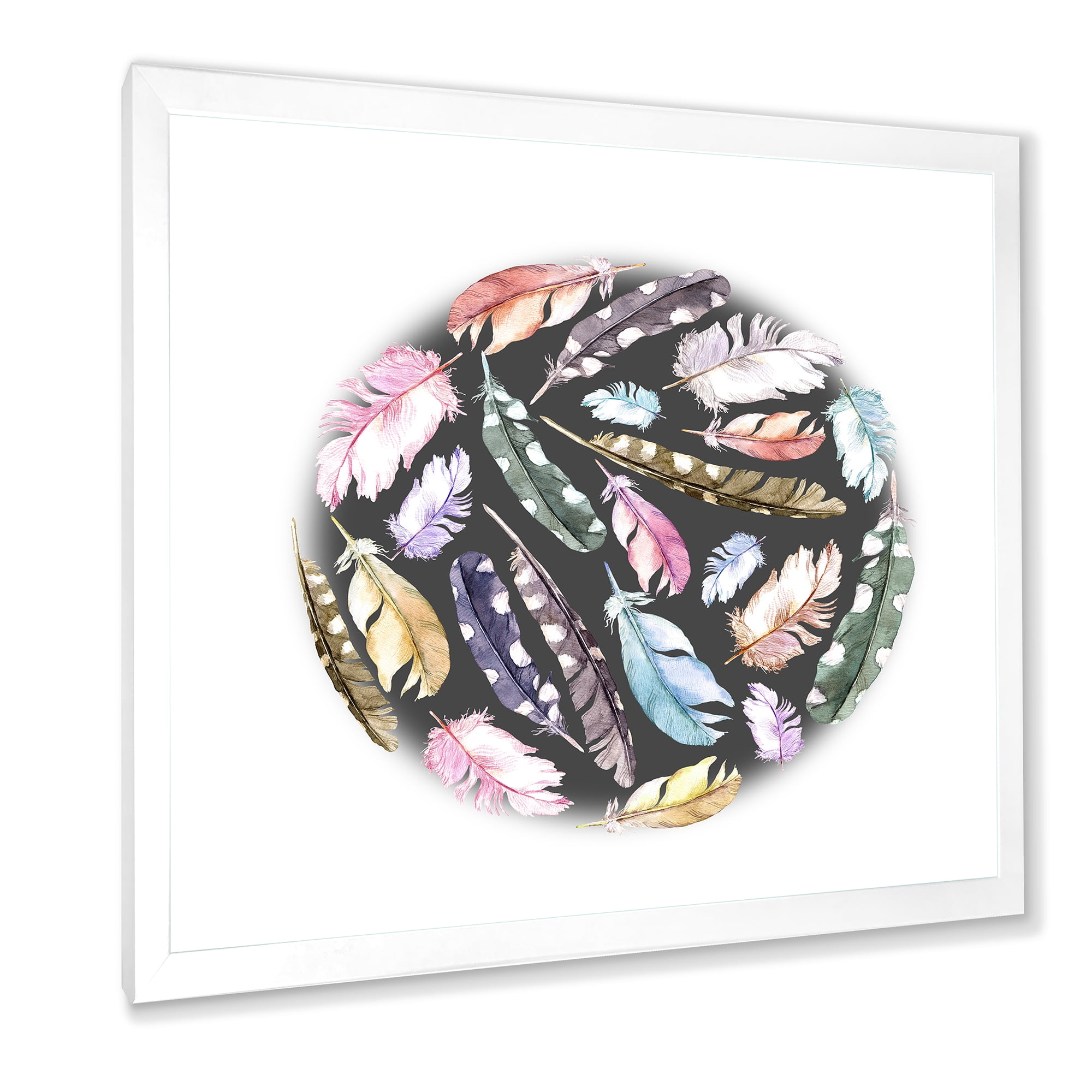 Designart 'Colorful Boho Feathers In Circle Shape' Bohemian & Eclectic Framed Art Print