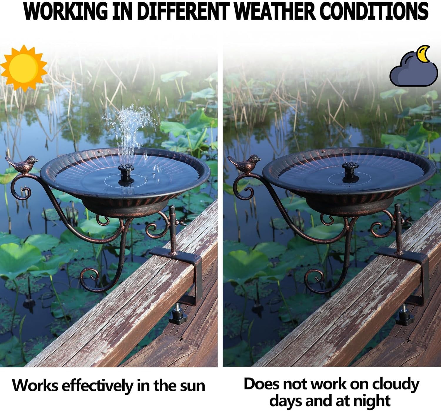 Solar Bird Bath,Deck Bird Bath with Solar Fountain,Metal Bird Bath Bubbler,Deck Mounted Bird Bath,Adjustable Sturdy Balcony Bird Bath,Patio Garden Decor（Bronze）