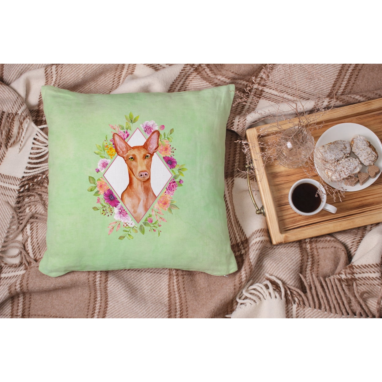 Carolines Treasures CK4328PW1414 Pharaoh Hound Green Flowers Fabric Decorative Pillow 14Hx14W multicolor