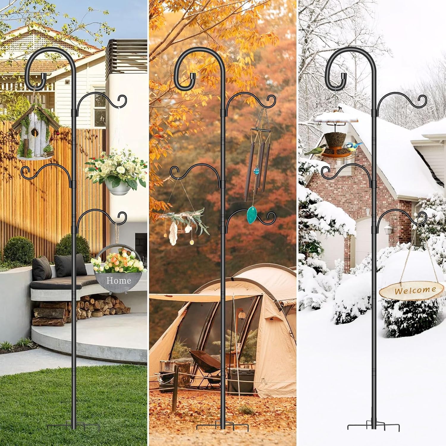 KOLAKO Bird Feeding Station,195cm Adjustable Bird House Poles, Heavy Duty Feeder Stand, Garden Shepherds Hooks Crook for Outdoors Hanging Lights Basket Hanger,76 inch, Black